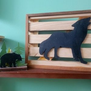 Handcrafted wood cabin decor with wolf silhouette 11x8x1